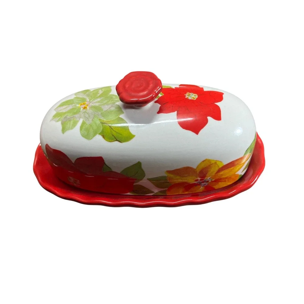 Pioneer Woman Winter Poinsettia Butter Dish Red Scalloped Stoneware HolidayDecor